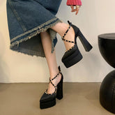 Spitze Nieten Blockabsatz Satin Hochzeit Cocktail 15cm Doppelte wasserdichte Plattform mit Schuhen Heels